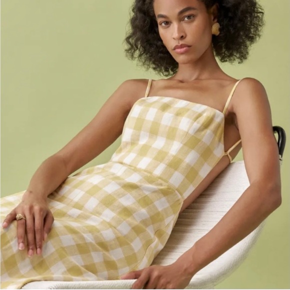 Reformation Nia Linen Midi Dress Open Back Yellow Dandelion Check Gingham - Picture 4 of 13